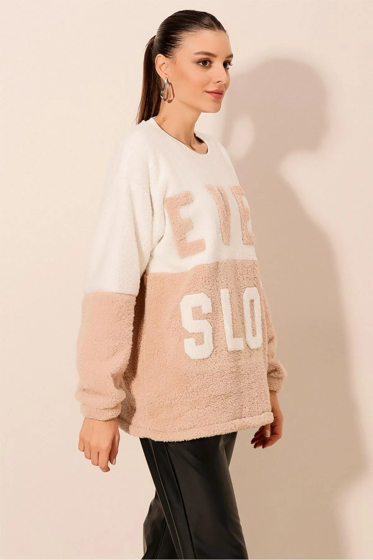 55438 blok renkli peluş sweatshirt