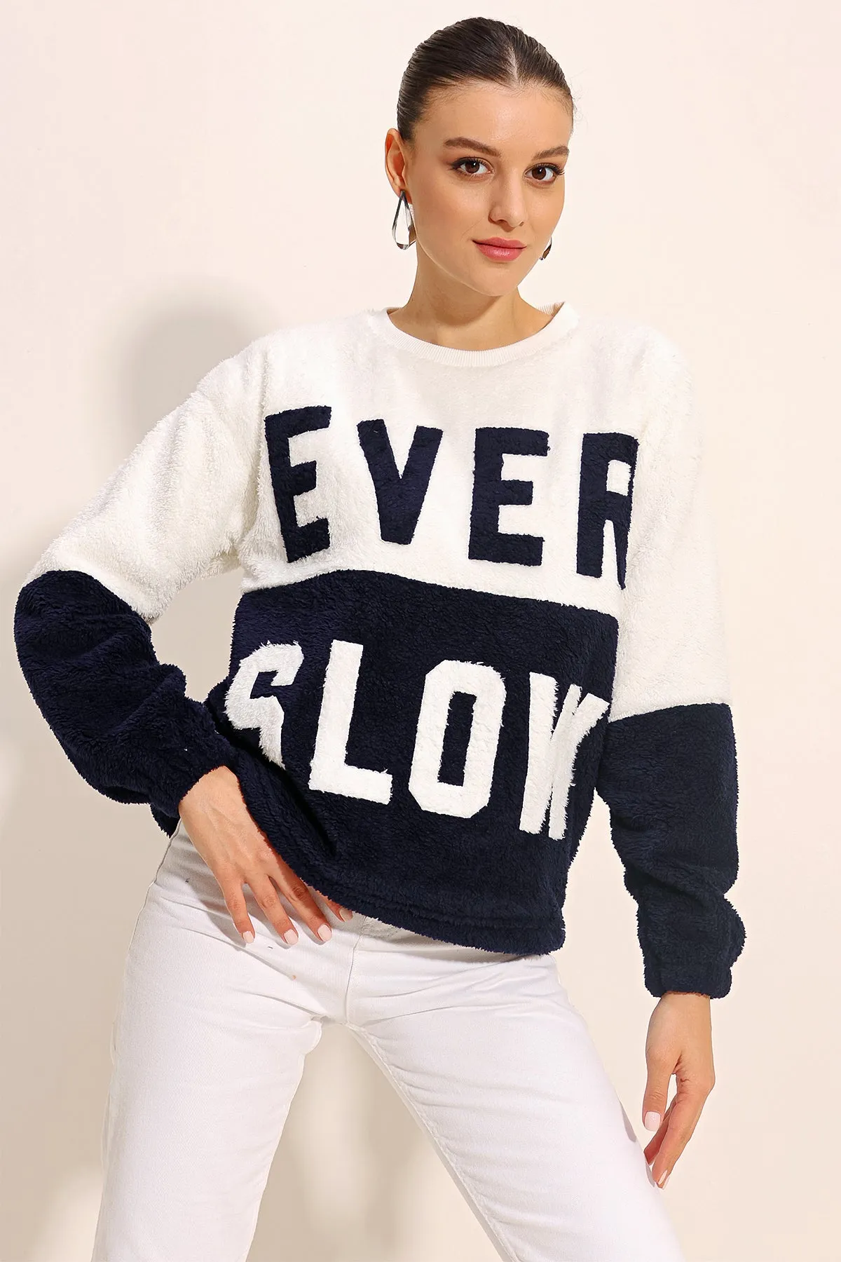 55438 blok renkli peluş sweatshirt