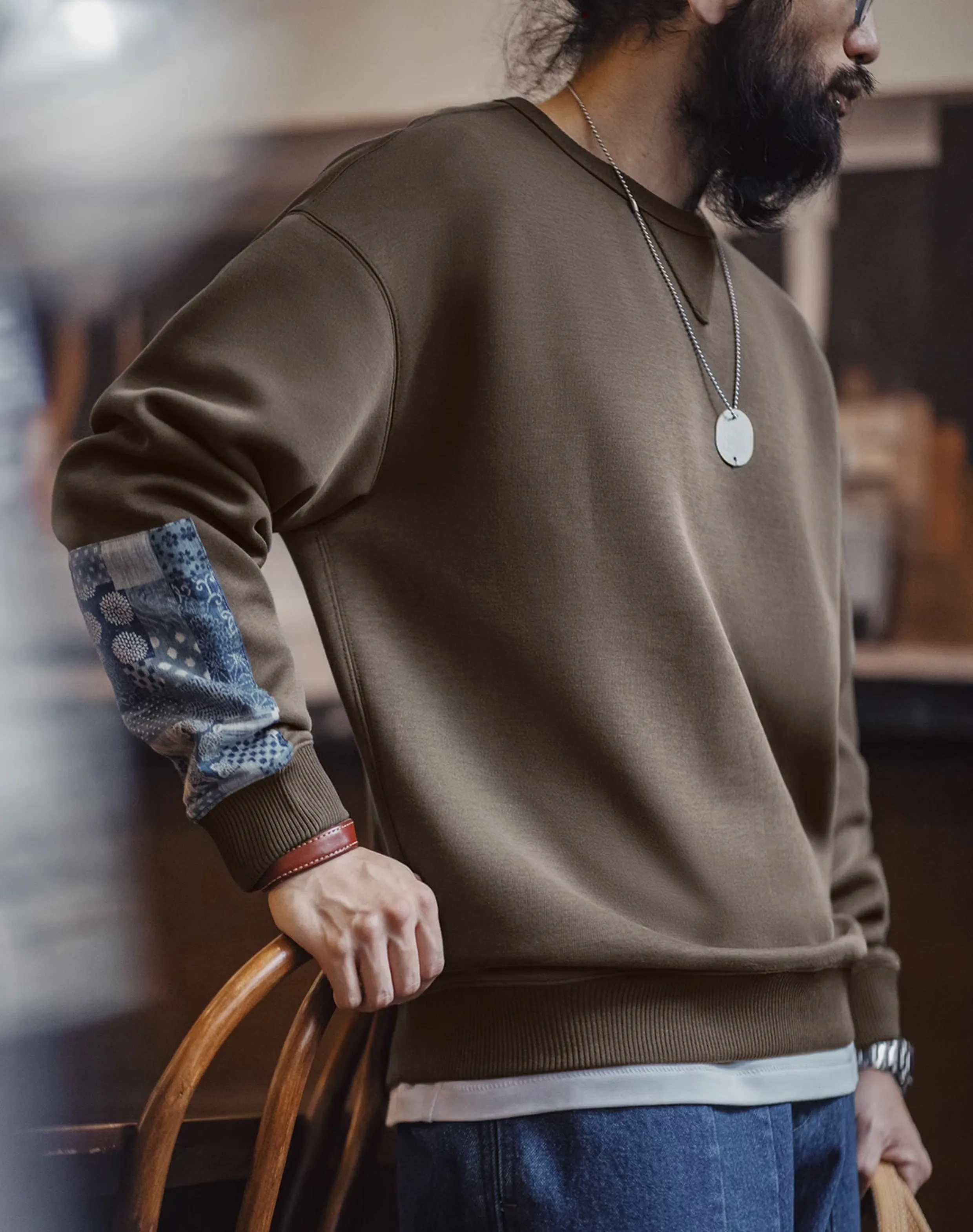 American Retro Patchwork Casual Round Neck Patches Pullover Men's Sweater