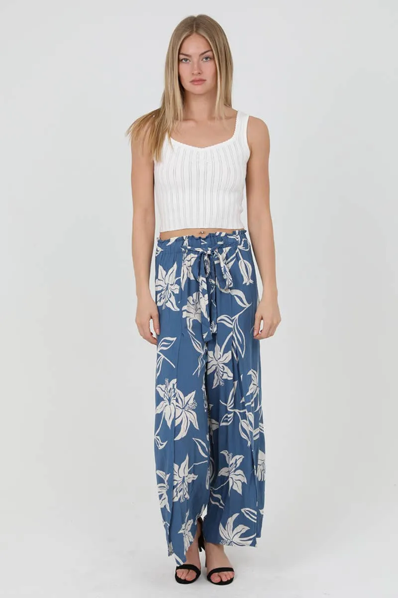 Angie Blue Floral Print Split Leg Pants