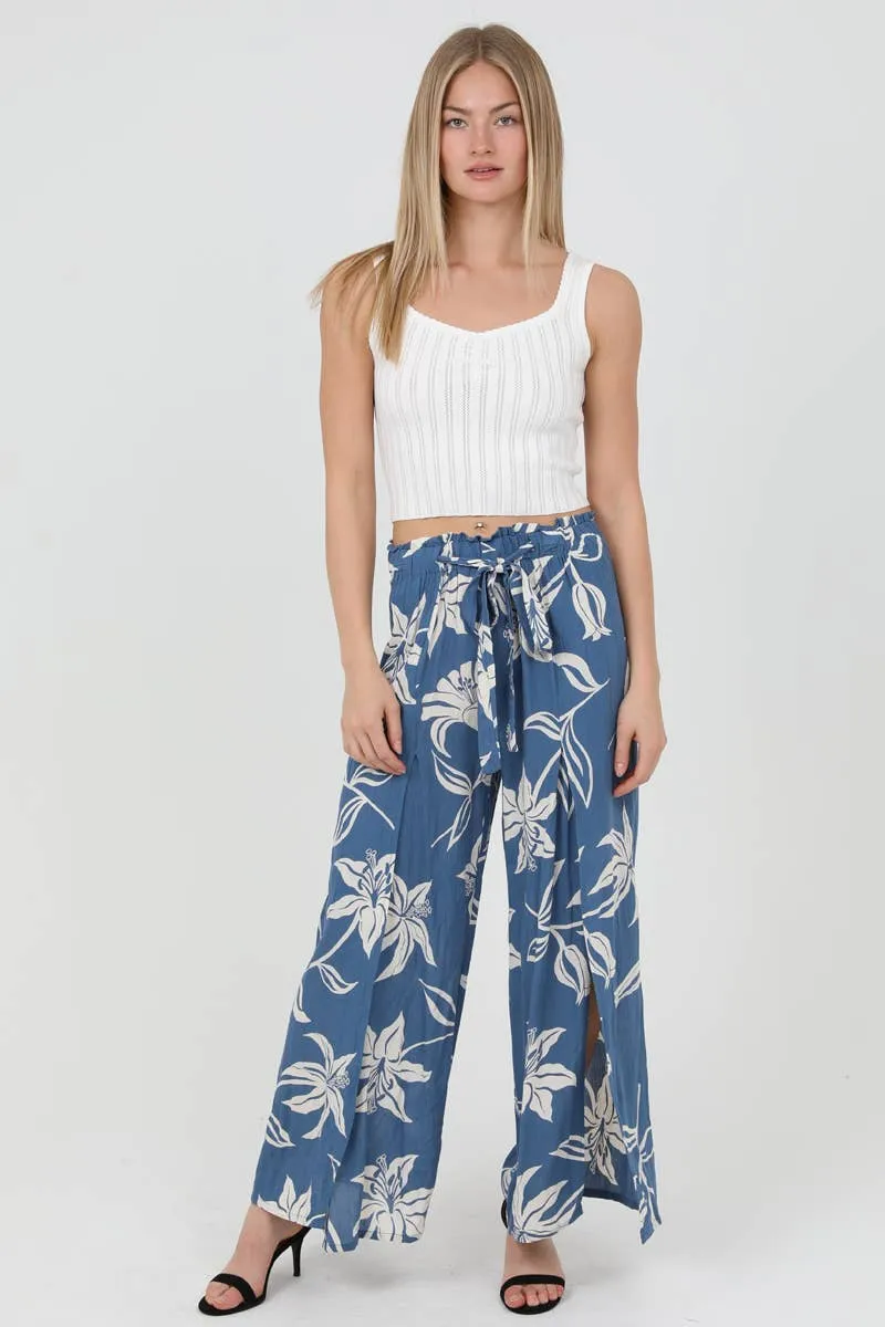 Angie Blue Floral Print Split Leg Pants