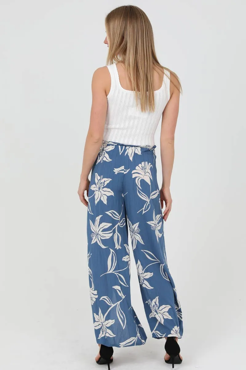 Angie Blue Floral Print Split Leg Pants