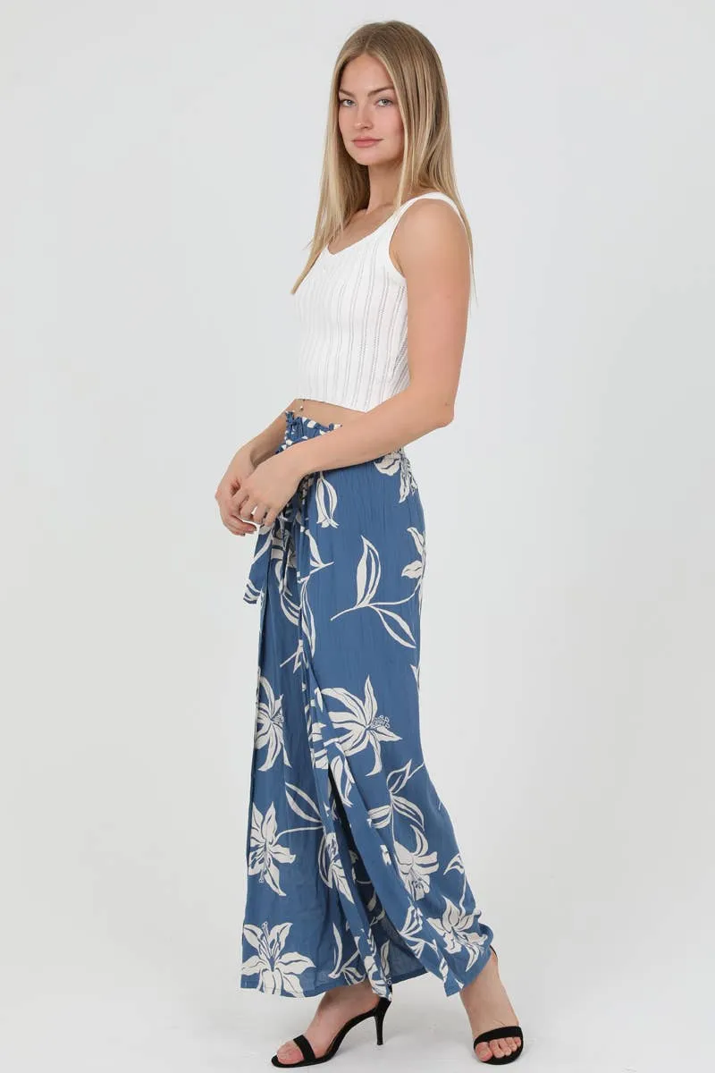 Angie Blue Floral Print Split Leg Pants