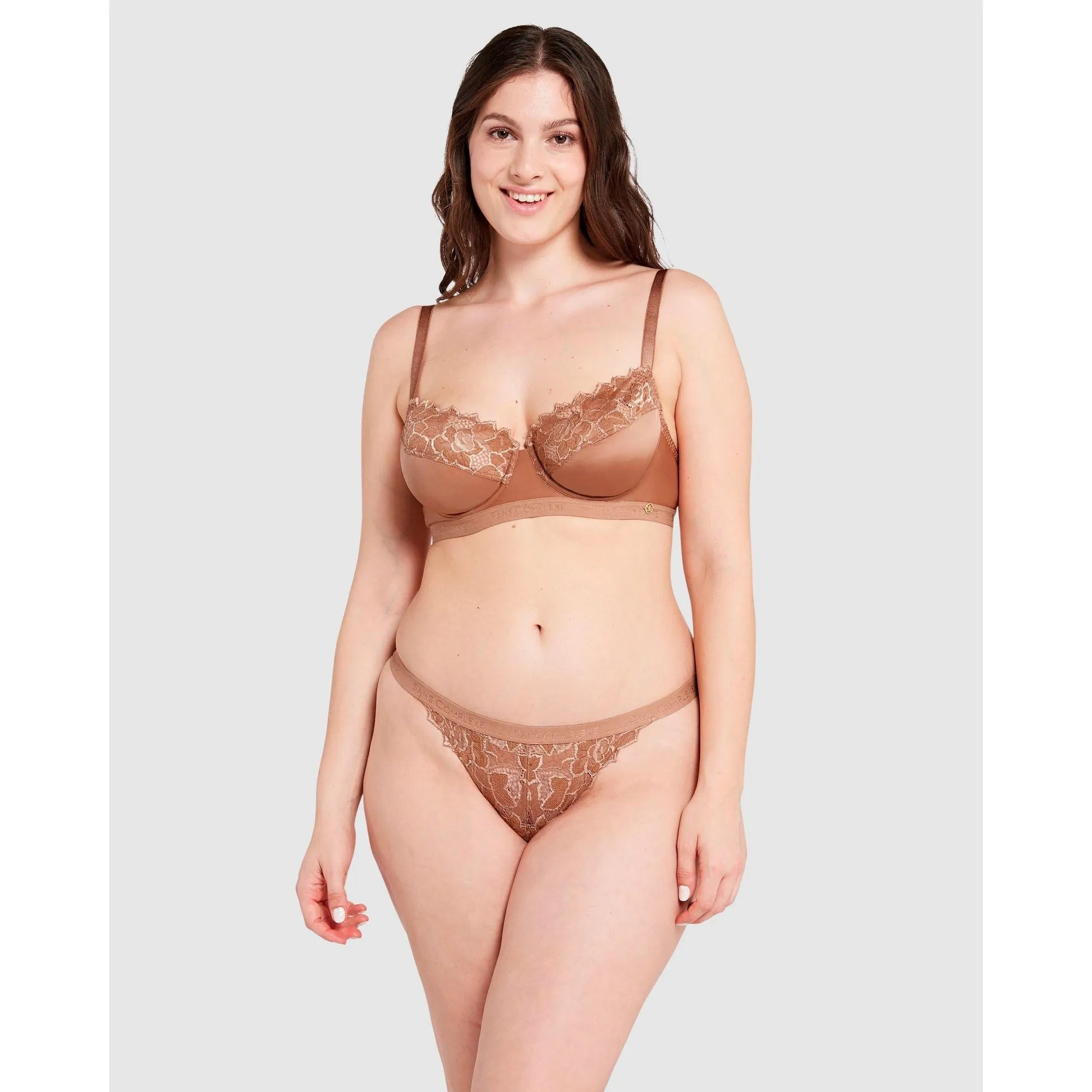 Arum Gloss Wired Half Cup Longline Bra with Lace-Mocha Mousse