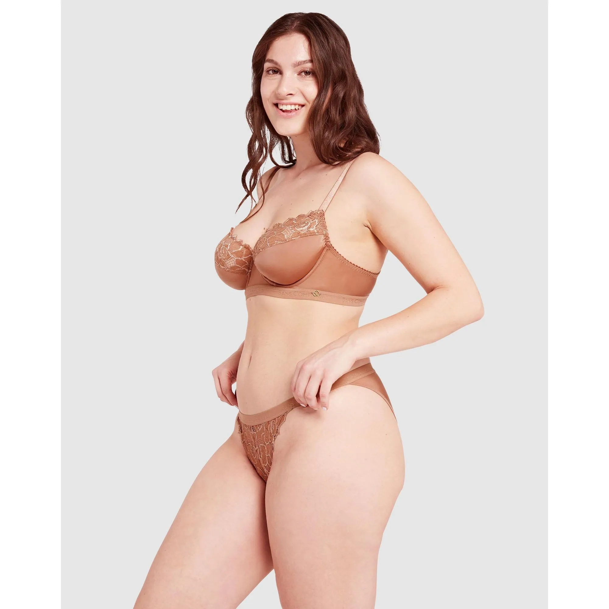 Arum Gloss Wired Half Cup Longline Bra with Lace-Mocha Mousse