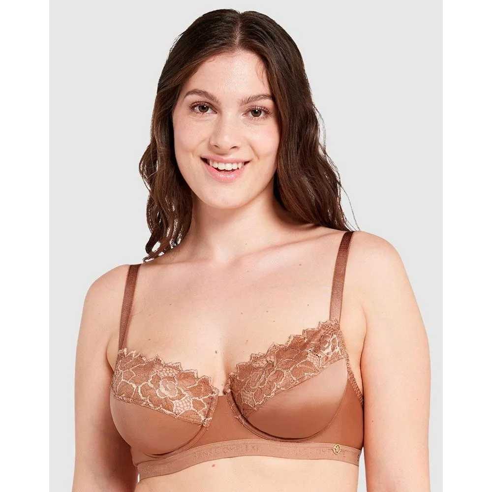 Arum Gloss Wired Half Cup Longline Bra with Lace-Mocha Mousse