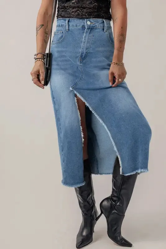 Asymmetric Denim Midi Skirt - Light Blue Frayed Slit