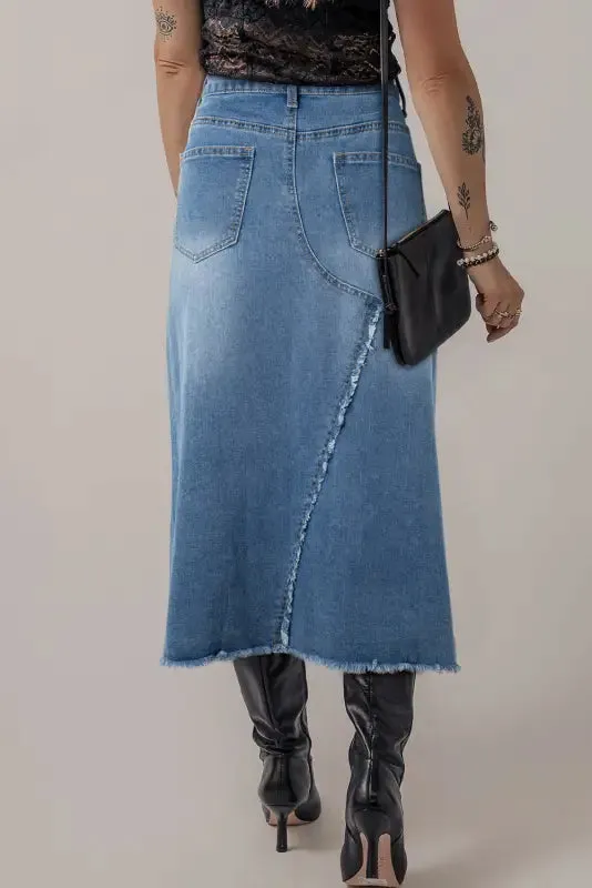 Asymmetric Denim Midi Skirt - Light Blue Frayed Slit