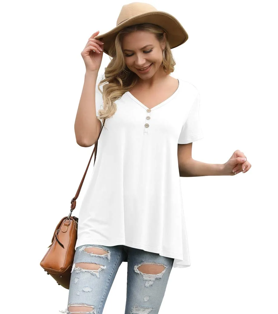 AWULIFFAN Womens Summer Short Sleeve Tunic Tops Loose Fit Casual T-Shirt Button Up Blouses（White,Large）