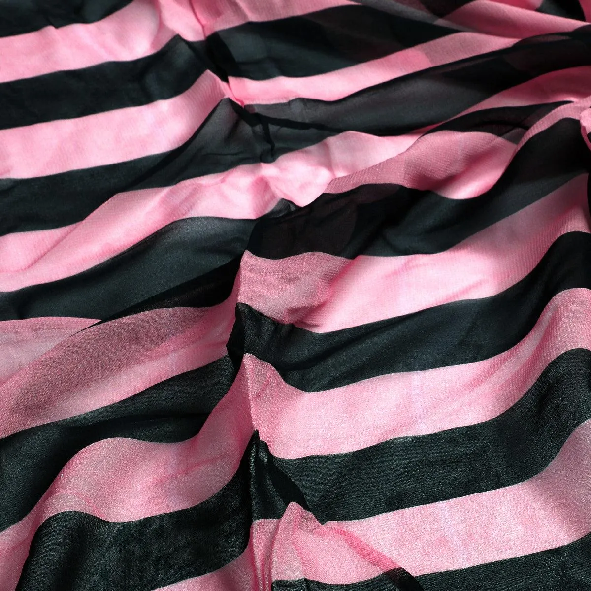 Bayadere Stripes Black With Pink Digital Printed Fabric - Pure Georgette