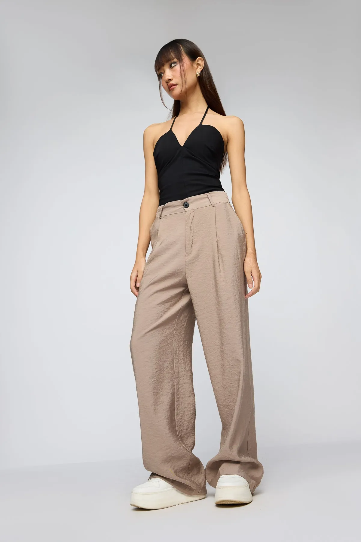 Bisque Beige Pleated Straight Fit Korean Pants