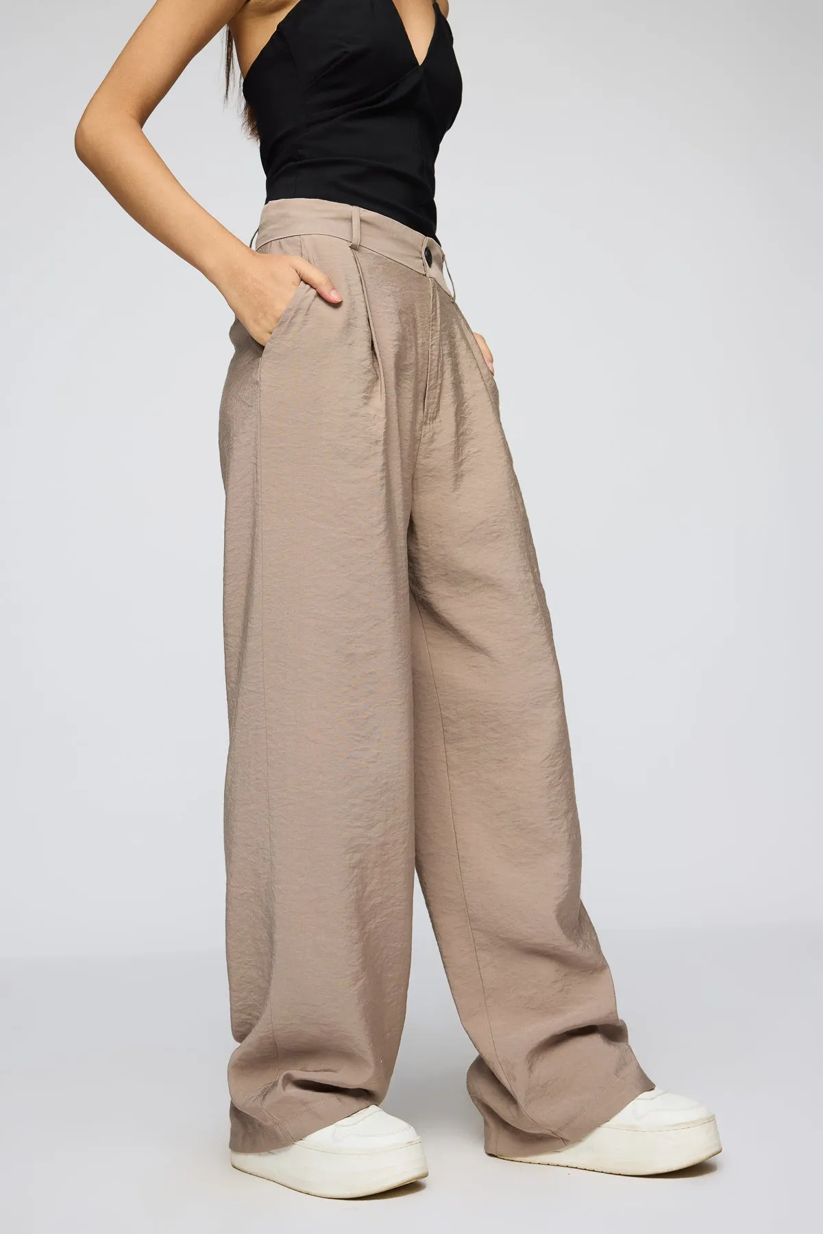 Bisque Beige Pleated Straight Fit Korean Pants