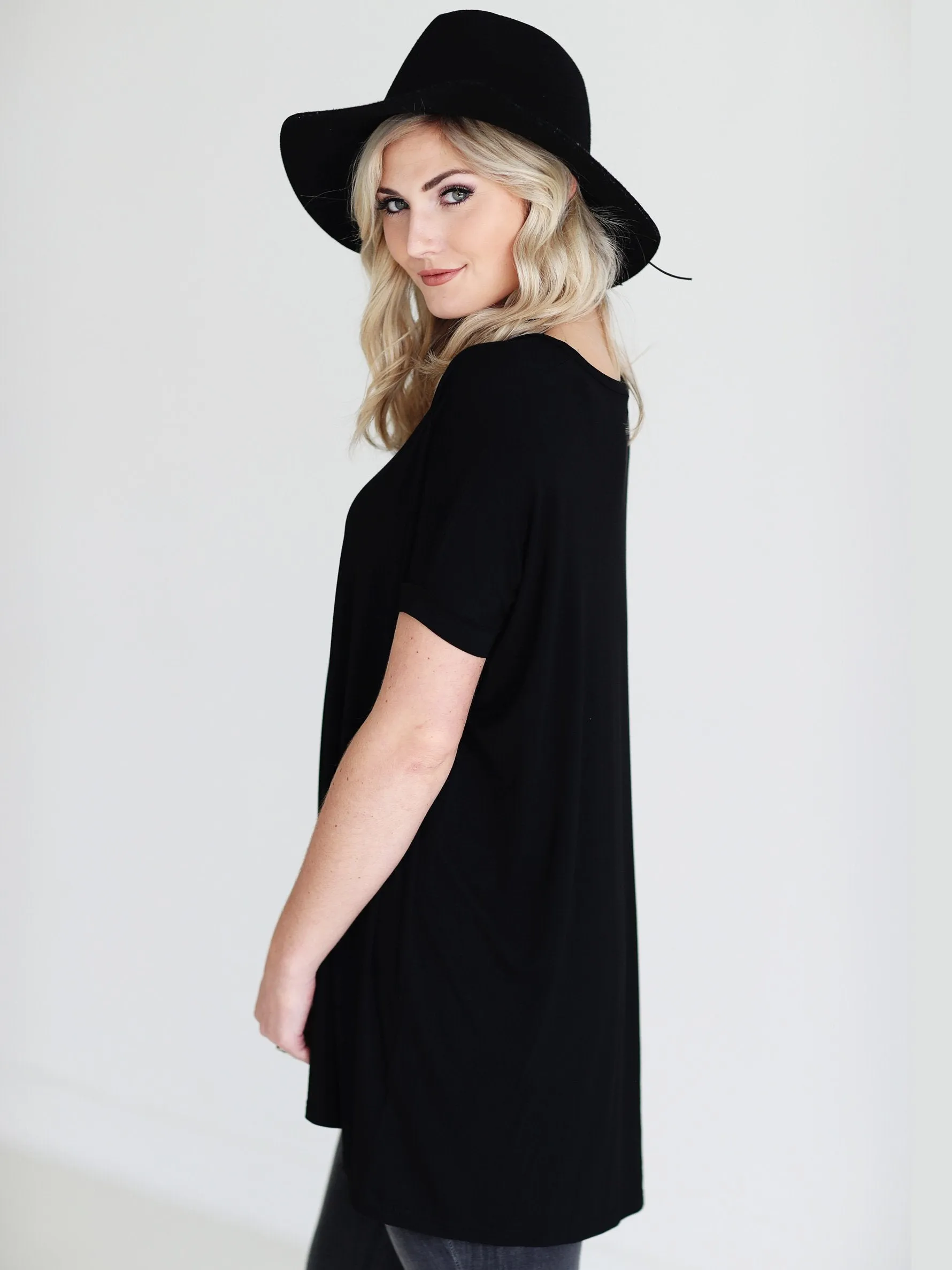 Black V-Neck Short Sleeve Tunic