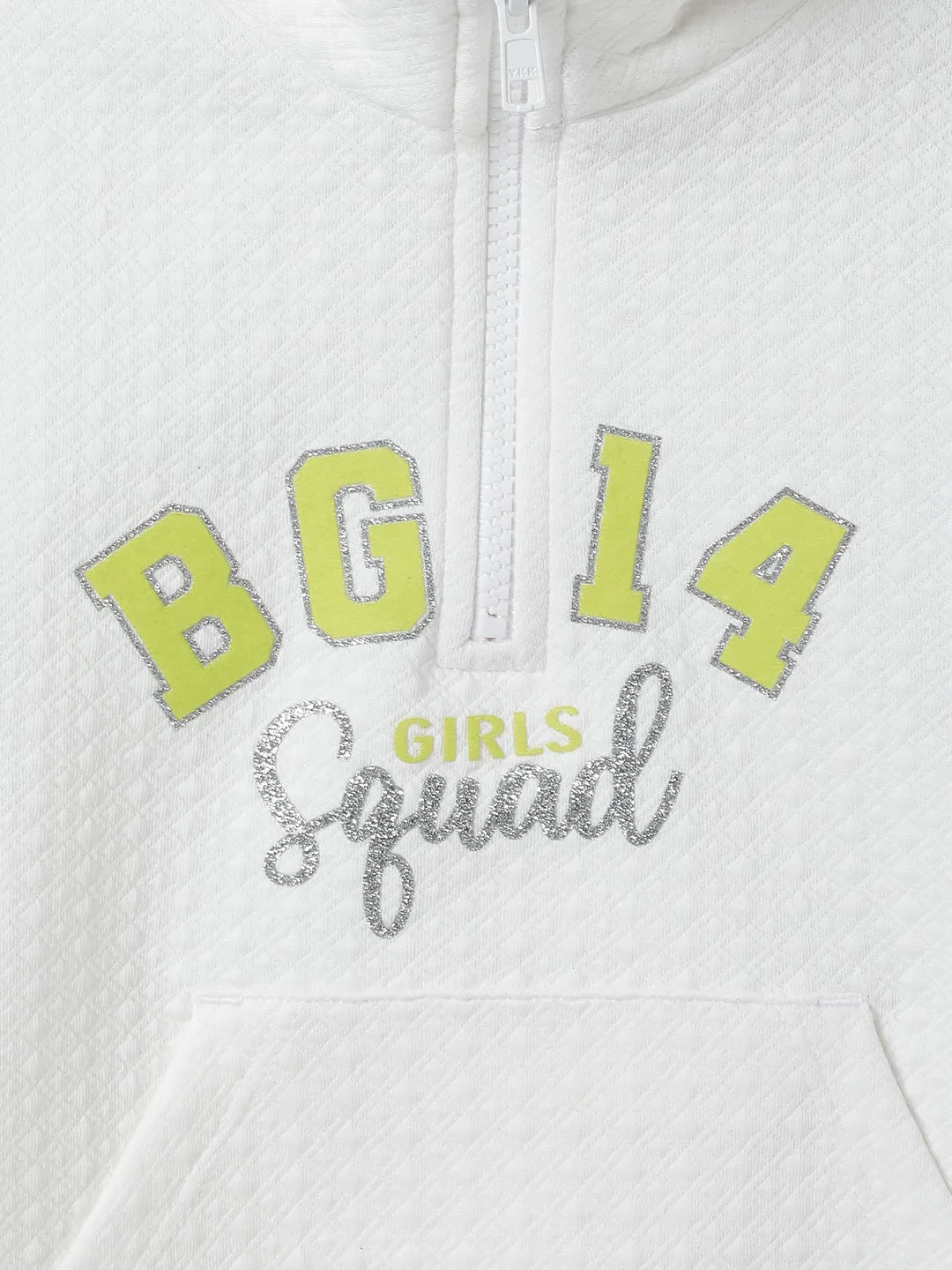 Blue Giraffe Girls White Printed High Neck Full Sleeves Pullover Style Sweatshirt