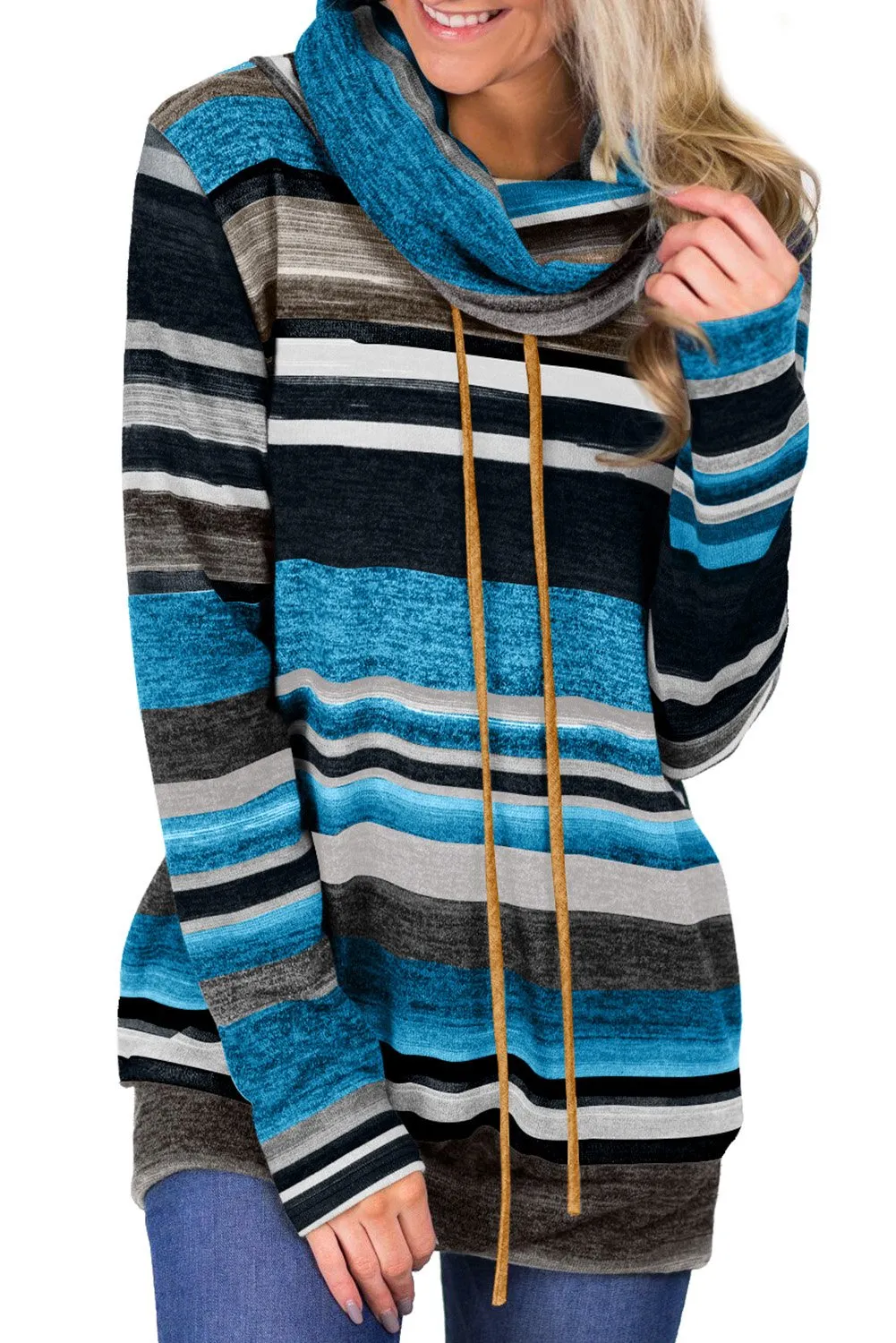 Blue Multicolor Cowl Neck Striped Long Sleeve Sweatshirt