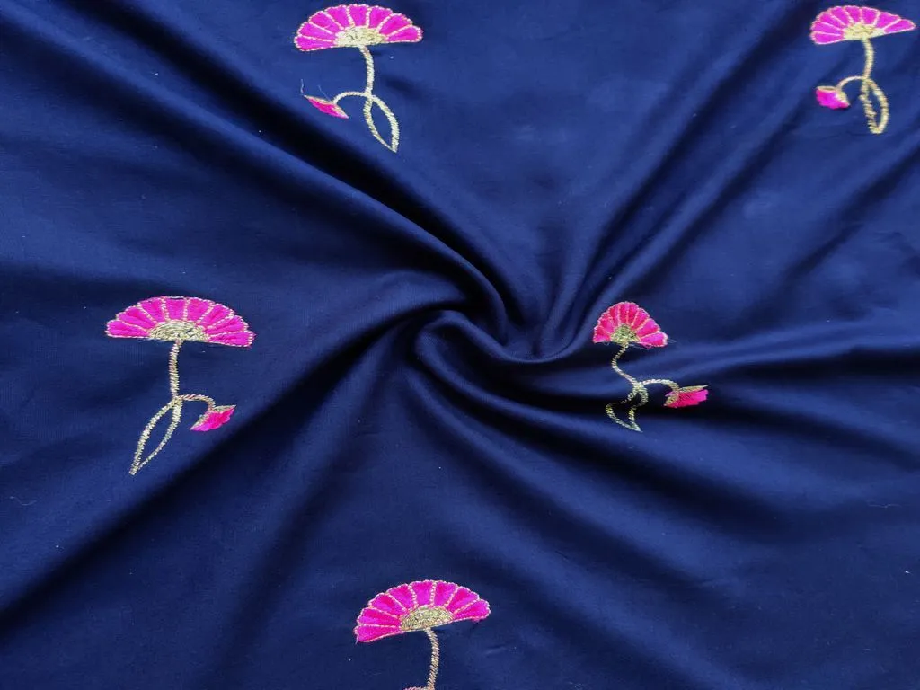 Blue Pink Flowers Embroidered Rayon Fabric