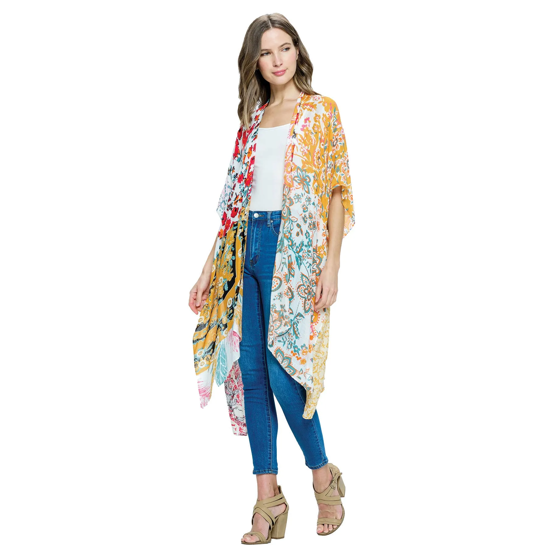 Boho Lightweight Multicolor Floral Kimono Wrap Yellow