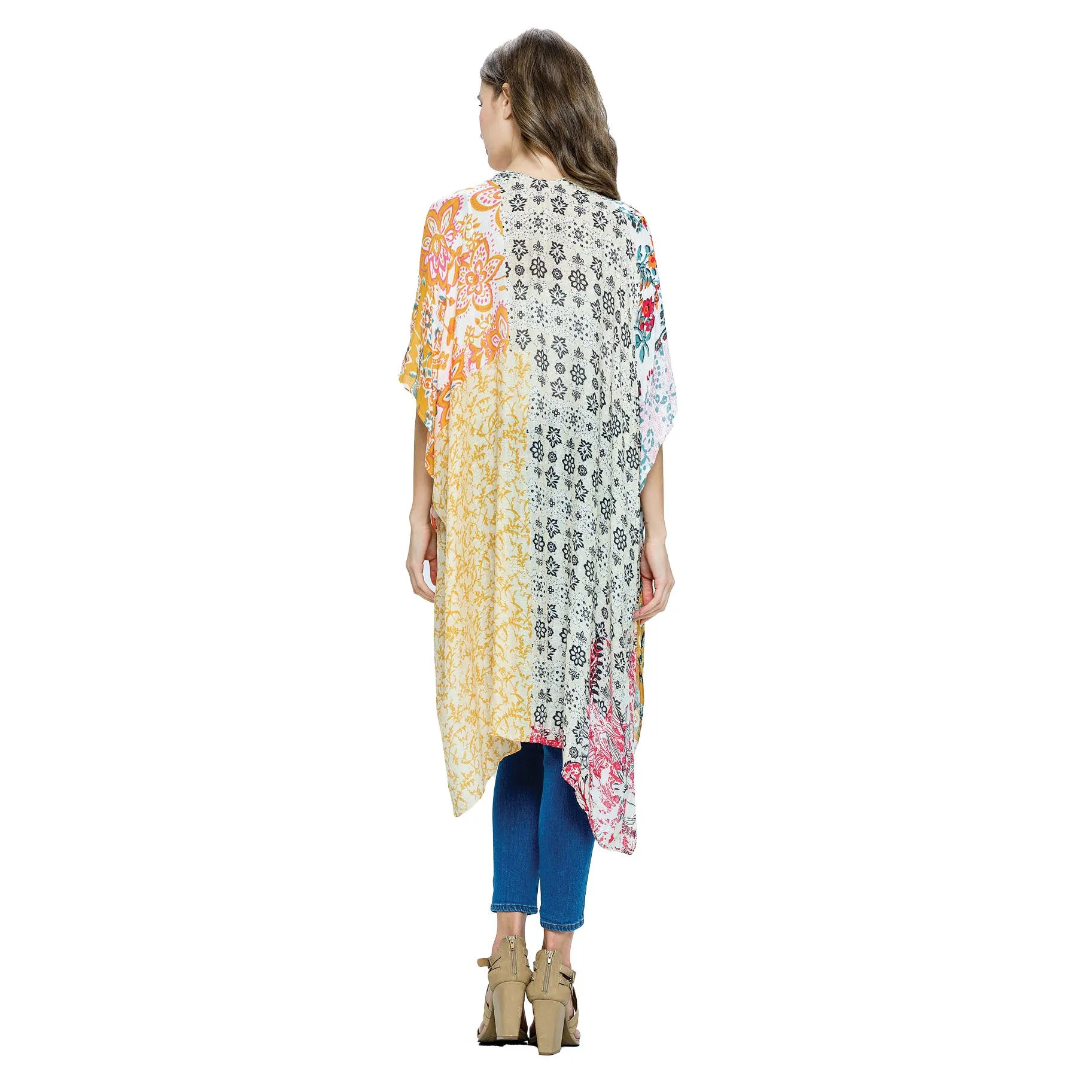 Boho Lightweight Multicolor Floral Kimono Wrap Yellow