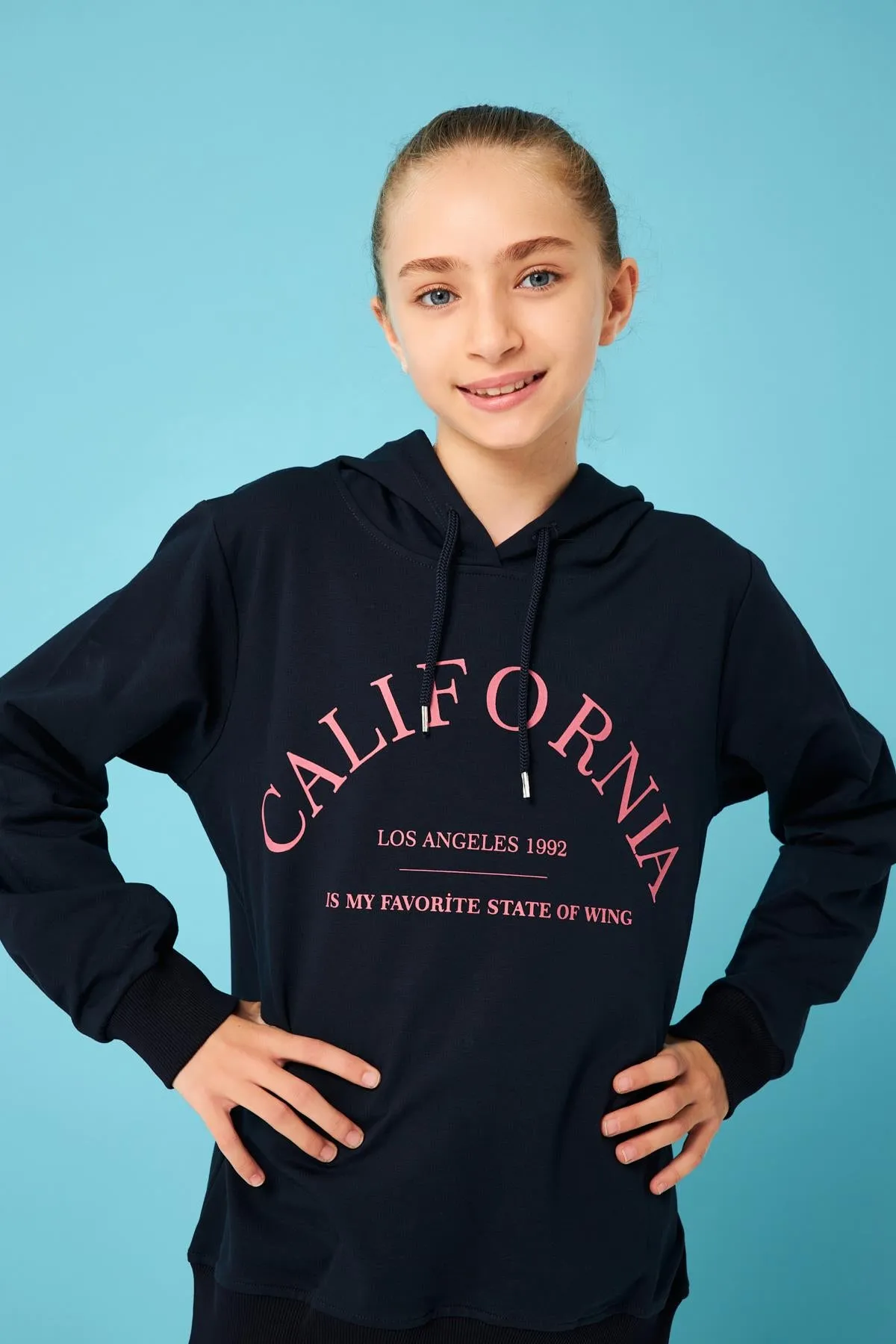 california baski detayli kapüşonlu kiz çocuk sweatshirt