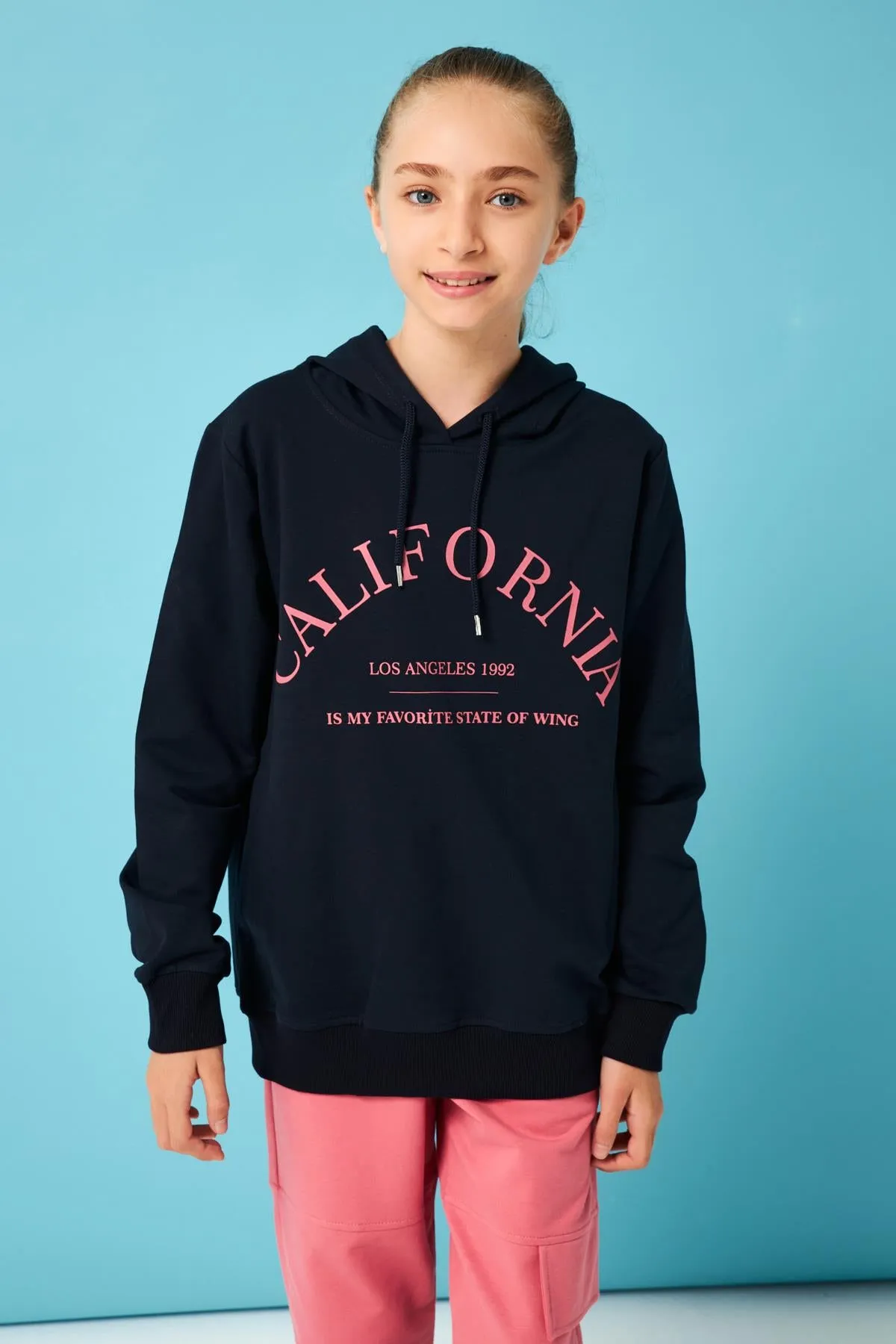 california baski detayli kapüşonlu kiz çocuk sweatshirt