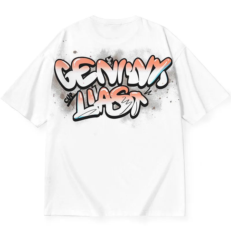 Cartoon Label Gradient Graffiti Letter Print T-Shirt