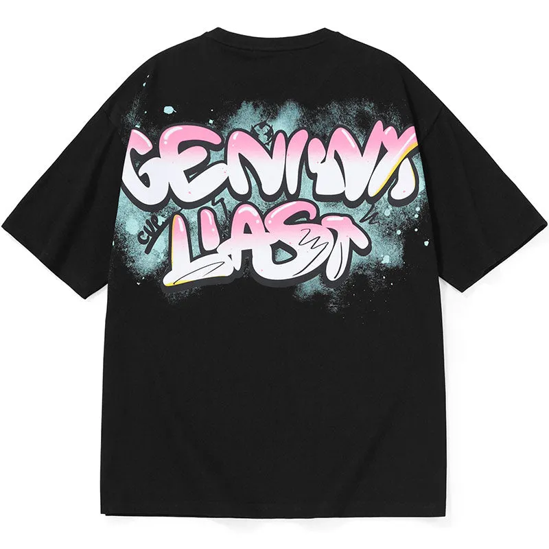 Cartoon Label Gradient Graffiti Letter Print T-Shirt