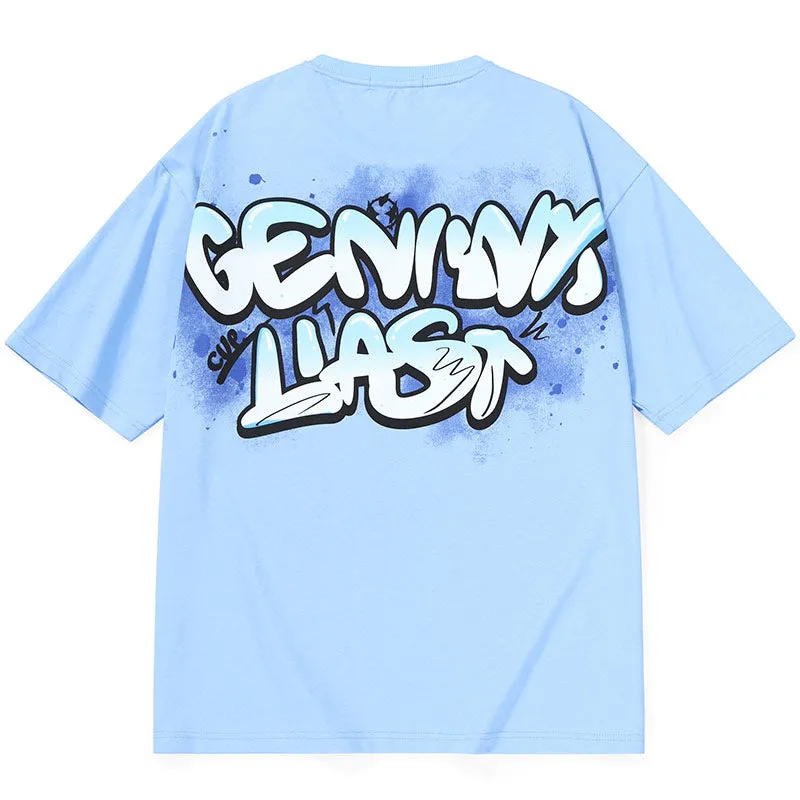 Cartoon Label Gradient Graffiti Letter Print T-Shirt