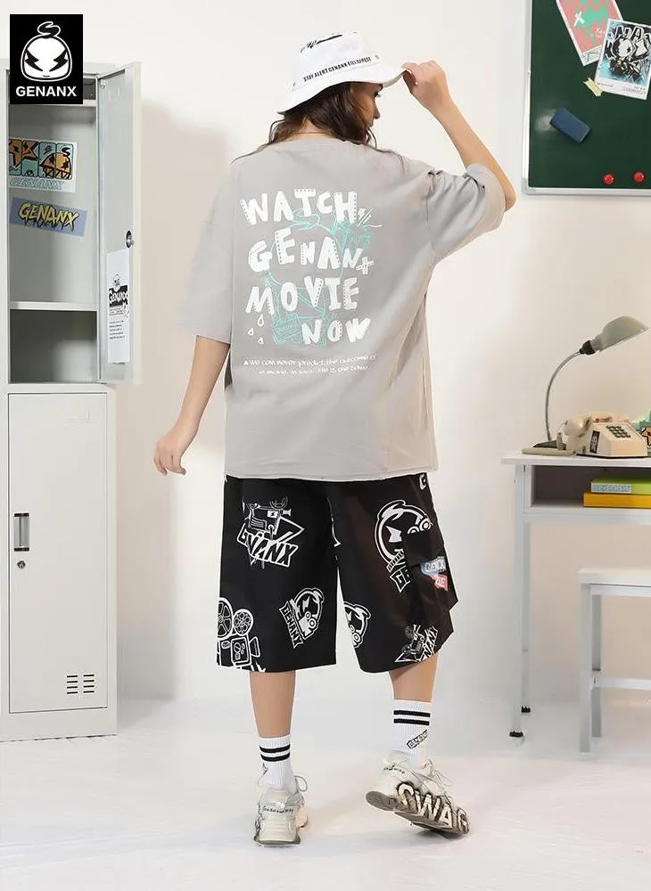 Cartoon Open Board Film Letter Print T-Shirt