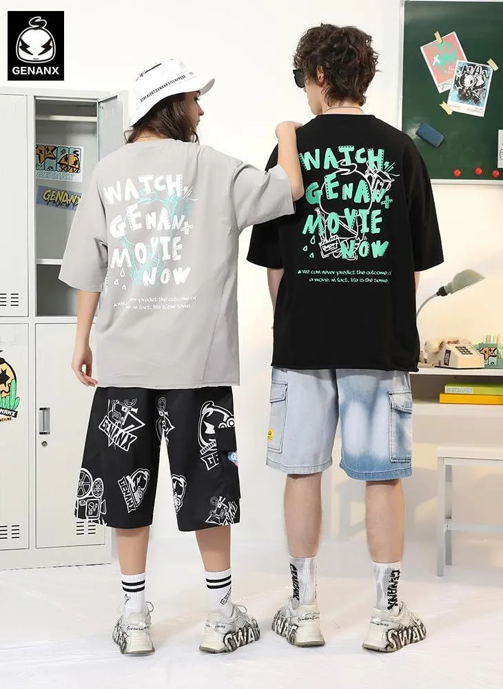 Cartoon Open Board Film Letter Print T-Shirt