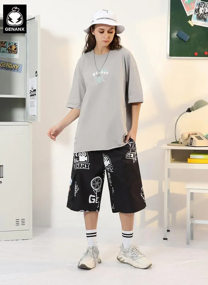 Cartoon Open Board Film Letter Print T-Shirt