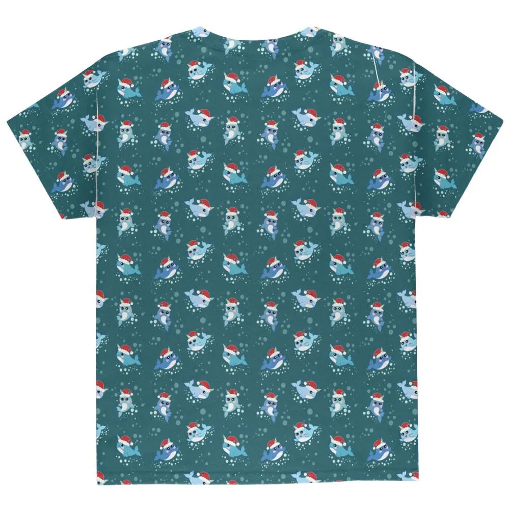 Christmas Narwhals in Santa Hats Pattern All Over Youth T Shirt