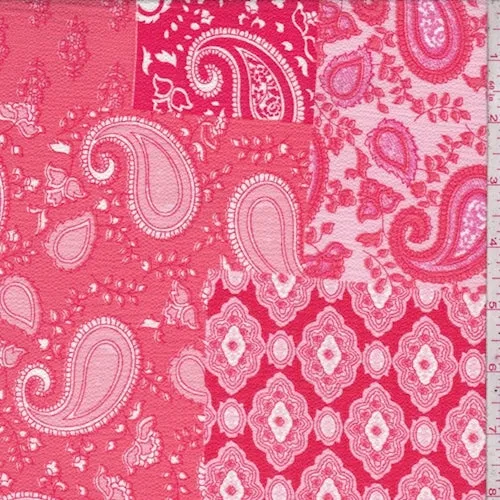 Coral Orange/Salmon Deco Patchwork Crepe Fabric