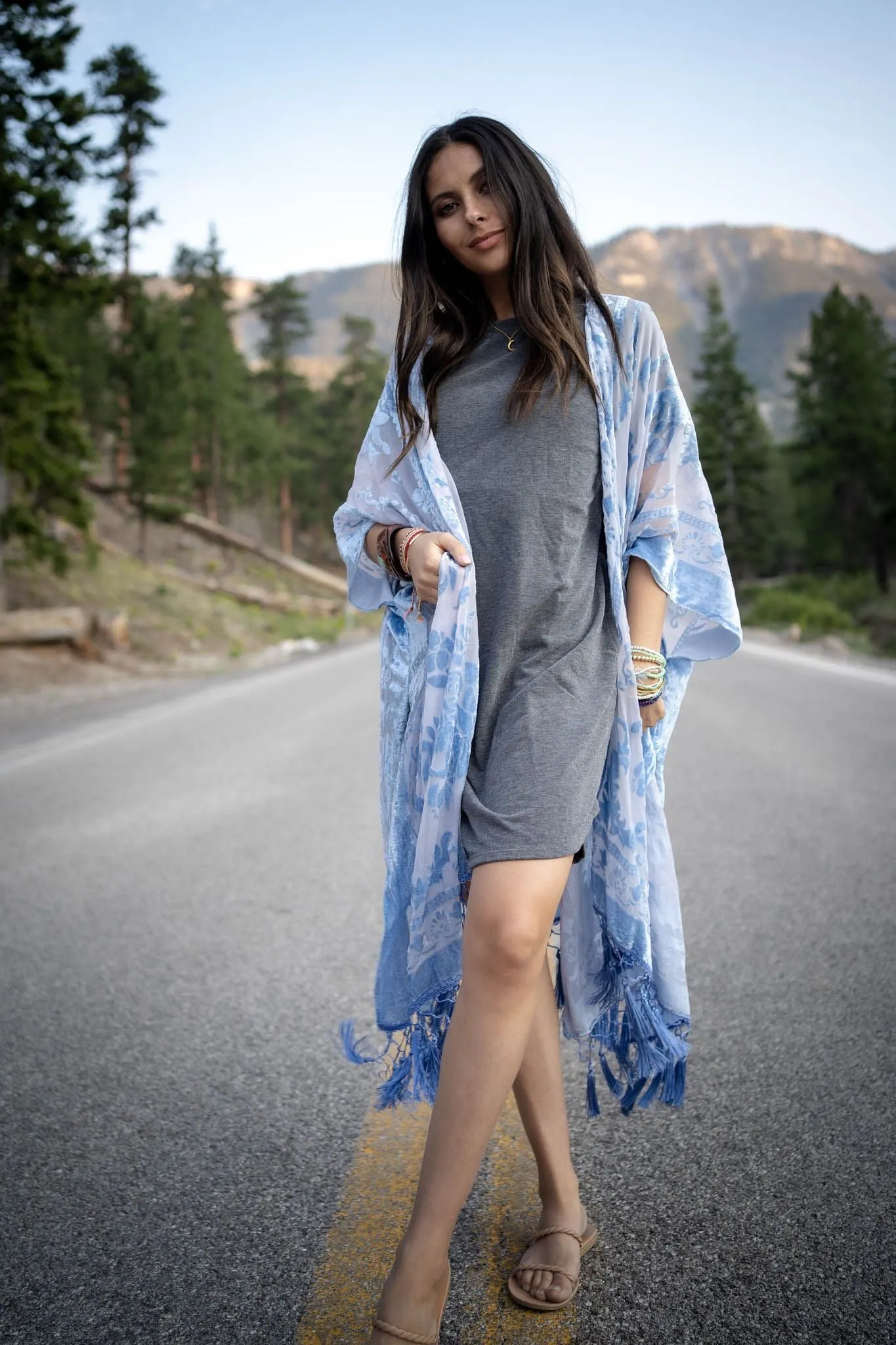 Crushin' On You Velvet Kimono - Light Blue