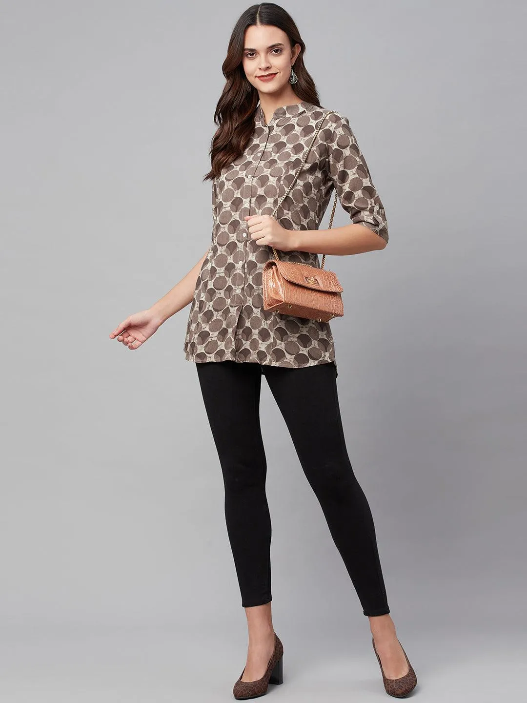 Divena Brown Floral Rayon A-line Shirts Style Top