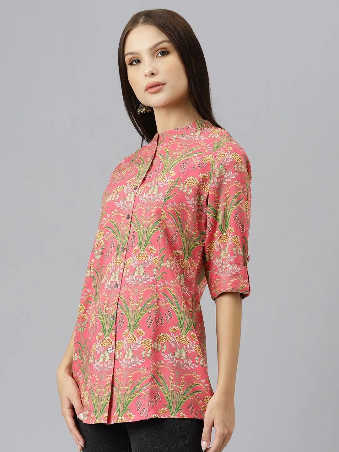 Divena Dark Pink Floral Rayon A-line Shirts Style Top