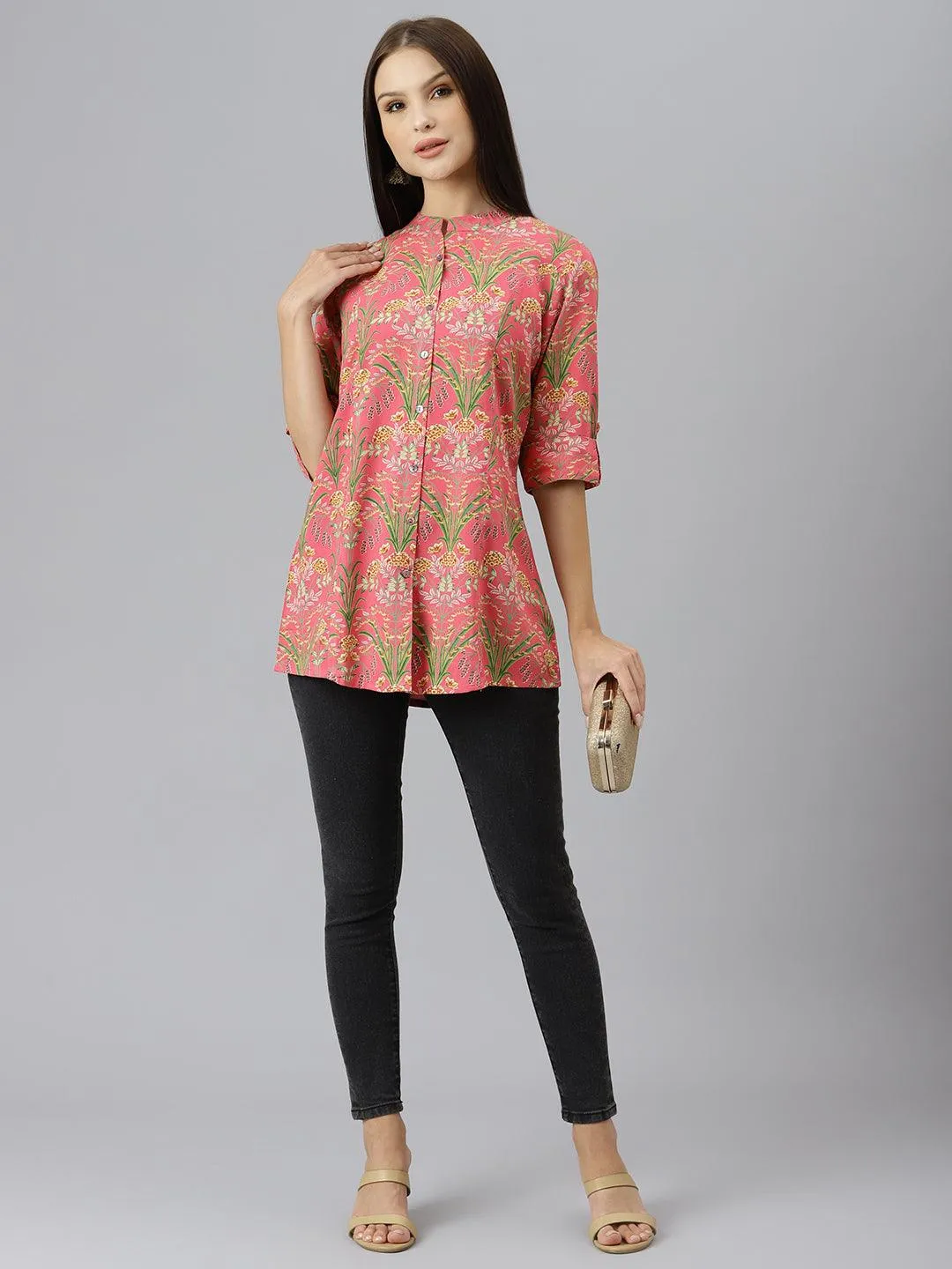 Divena Dark Pink Floral Rayon A-line Shirts Style Top