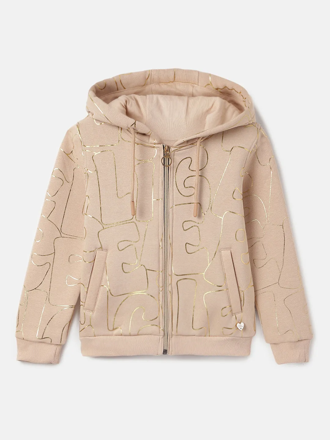 Elle Girls Beige Printed Hooded Full Sleeves Zip Through Sweatshirt