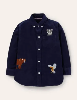 Embroidered Cord Shirt-College Navy Animals