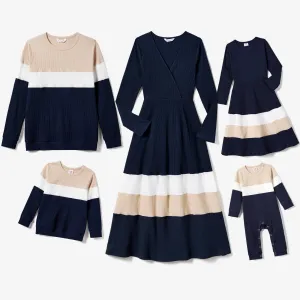 Family Matching Color-Block Knit Long-Sleeved Dresses And Tops Sets