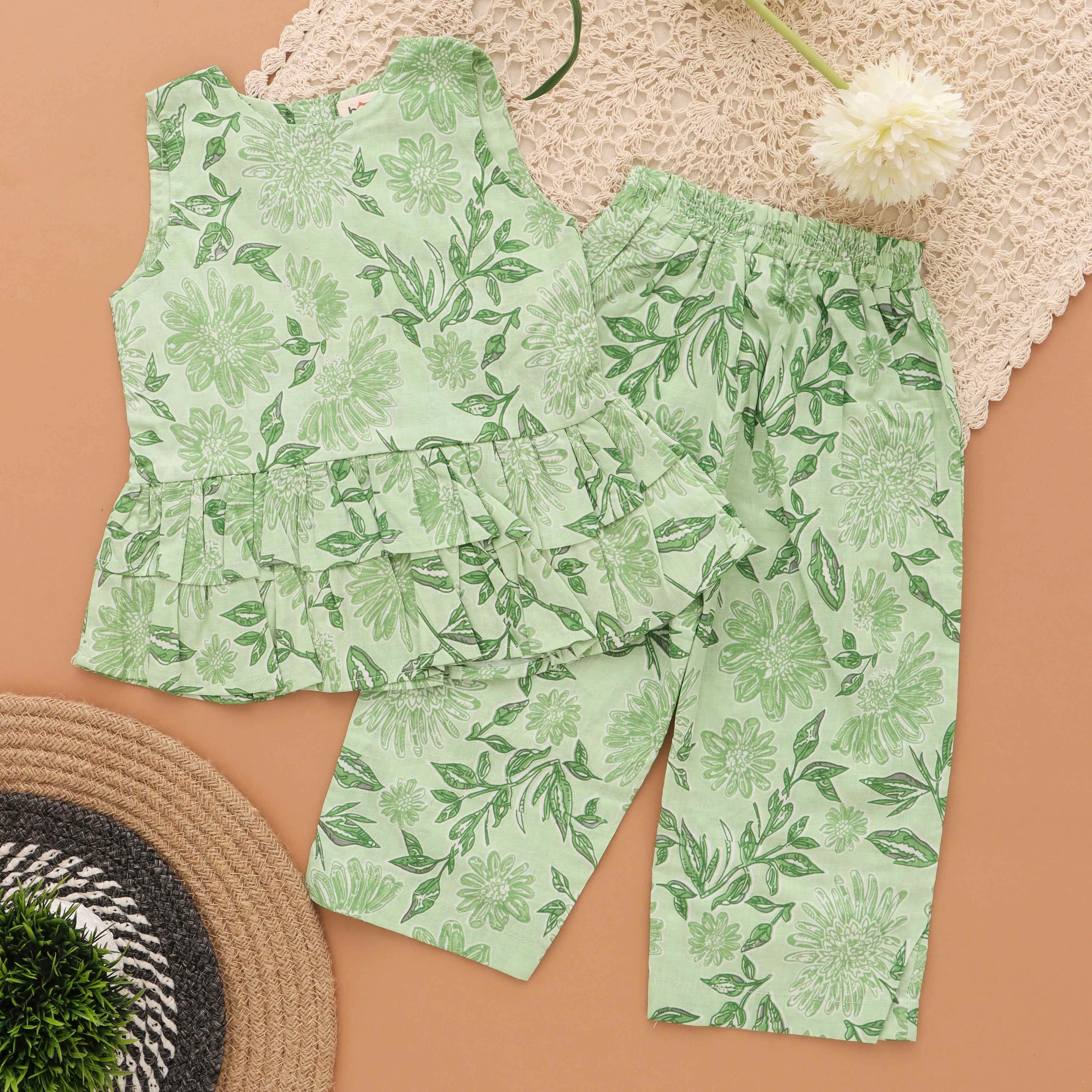 Floral Green Glam: Layered Top and Pant Set for Girls