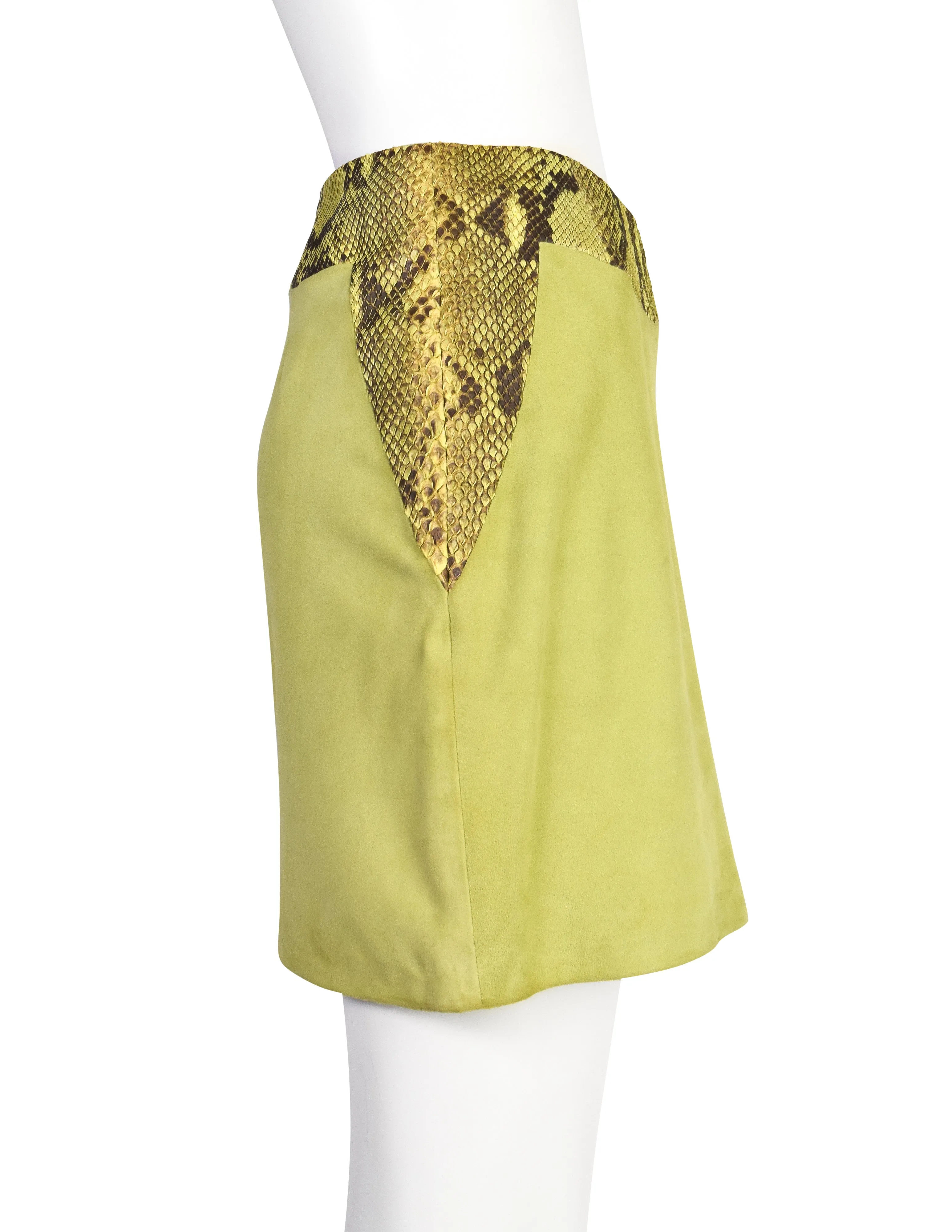 Gianni Versace Vintage 1990s Green Suede and Snakeskin Mini Skirt