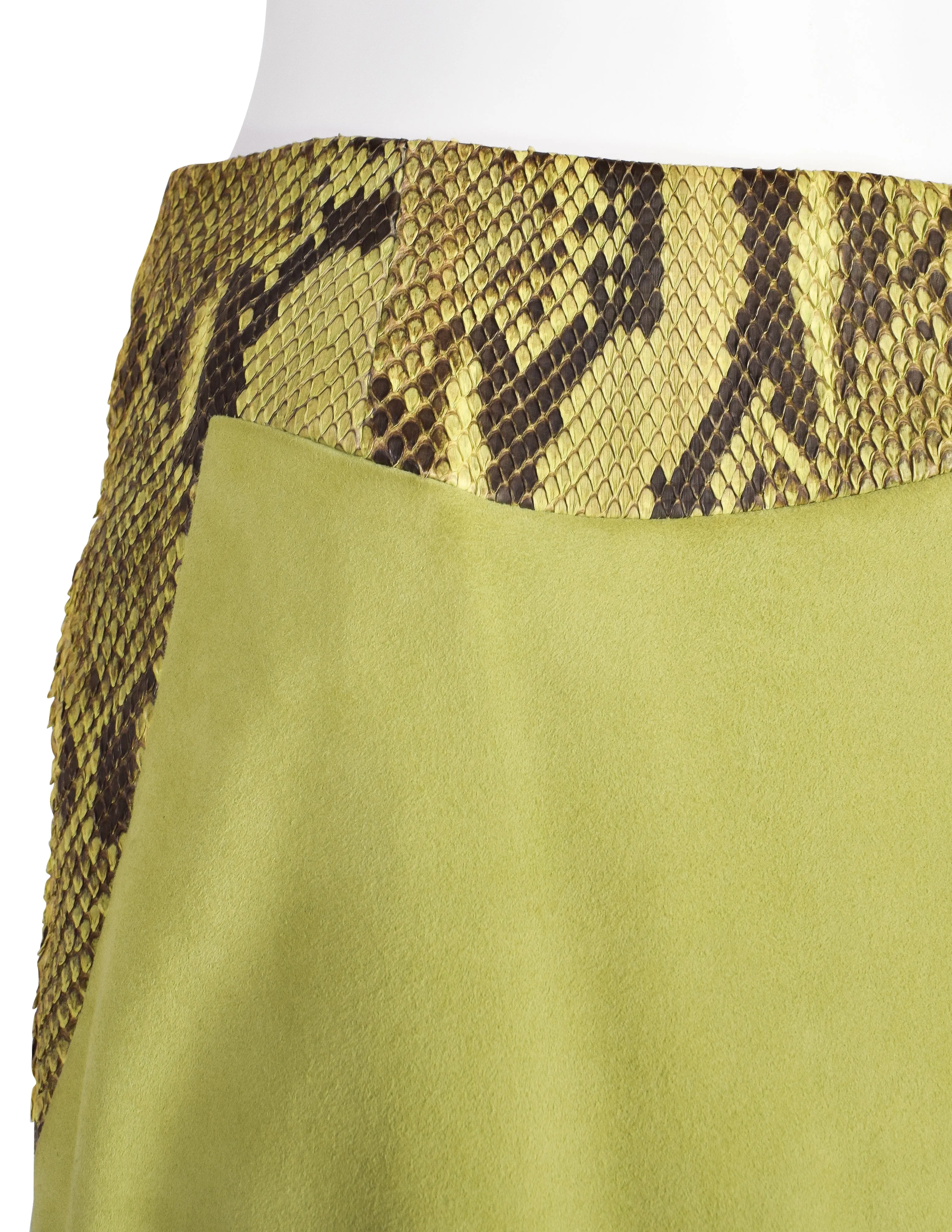 Gianni Versace Vintage 1990s Green Suede and Snakeskin Mini Skirt