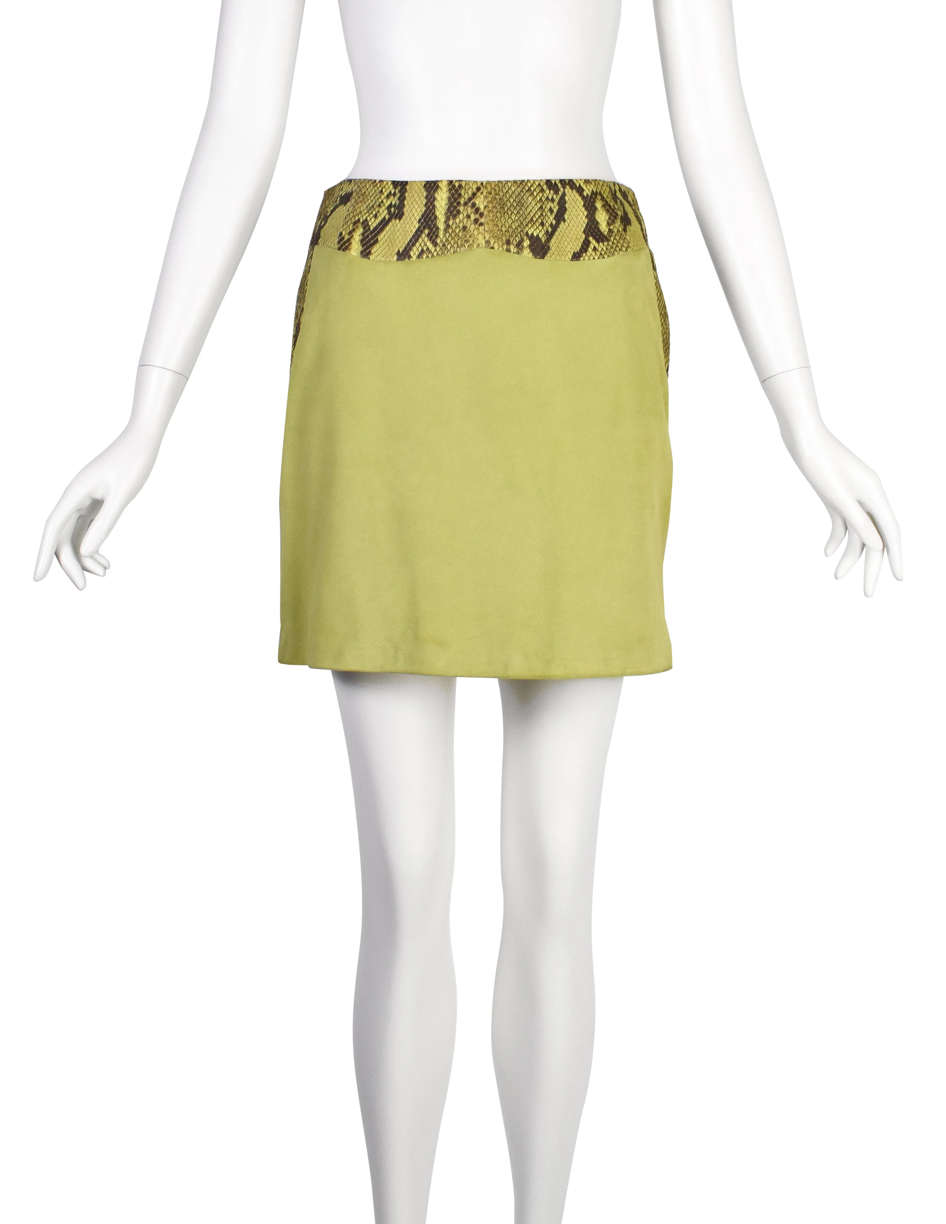 Gianni Versace Vintage 1990s Green Suede and Snakeskin Mini Skirt