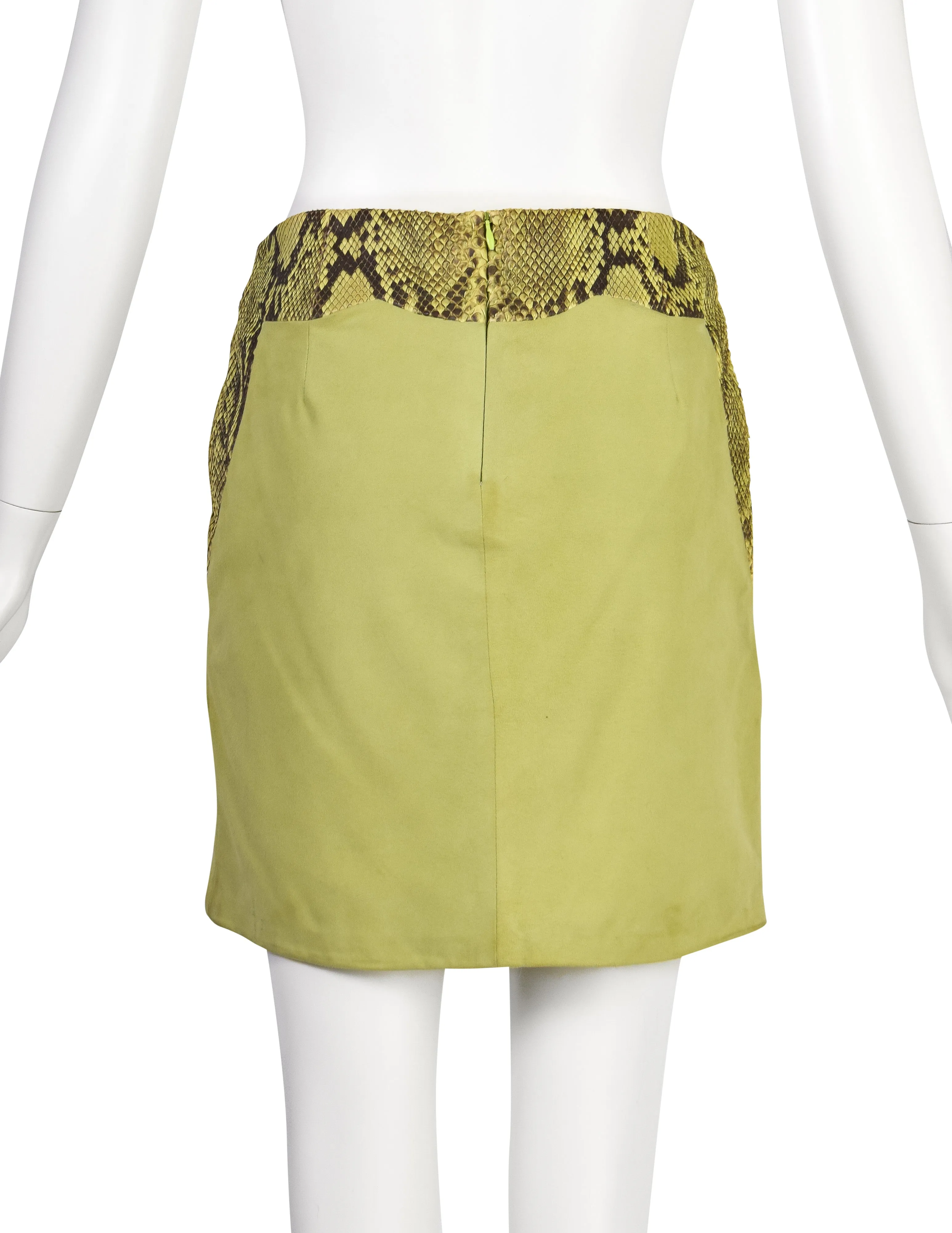 Gianni Versace Vintage 1990s Green Suede and Snakeskin Mini Skirt