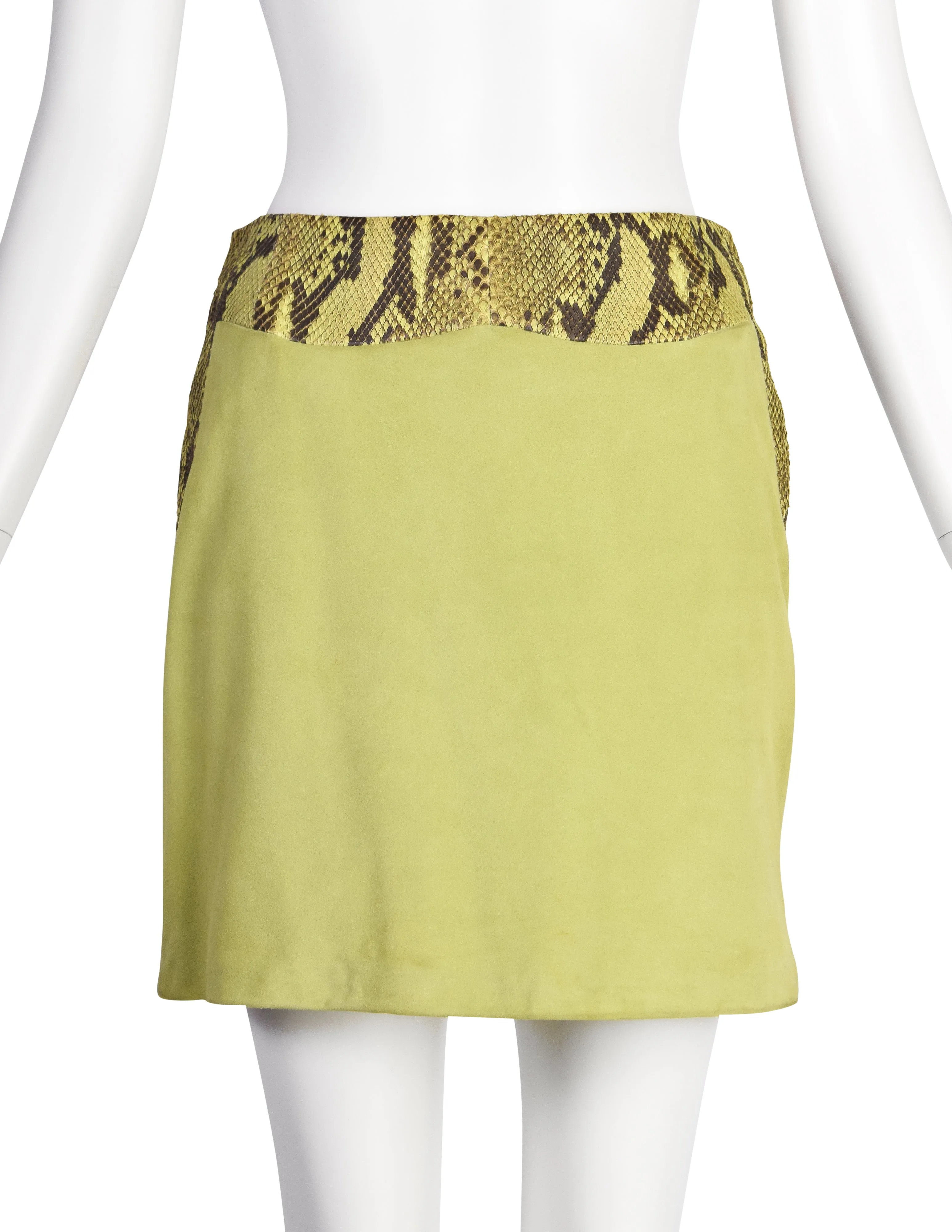 Gianni Versace Vintage 1990s Green Suede and Snakeskin Mini Skirt