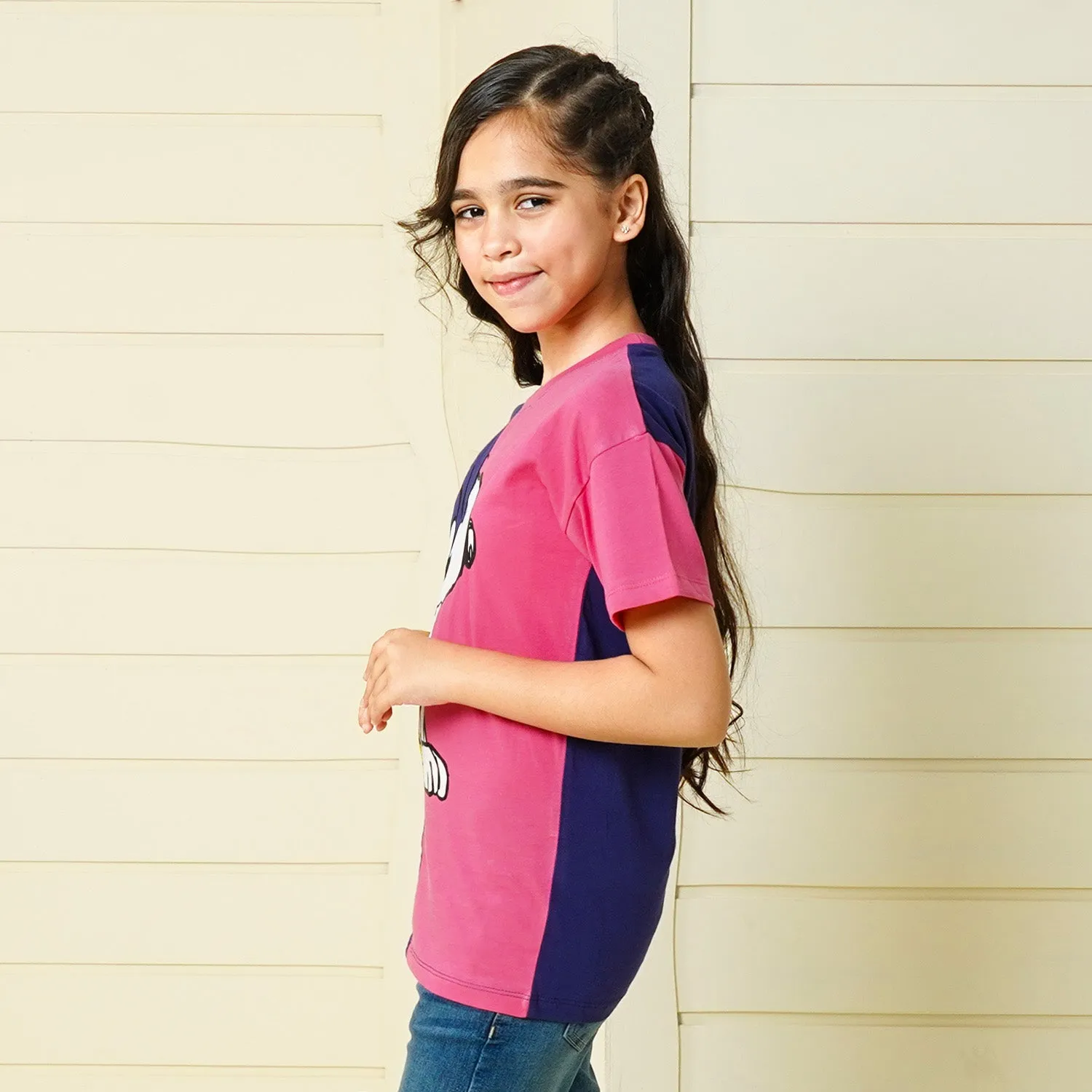 Girls Slub T-Shirt Character - Navy Blue And Pink