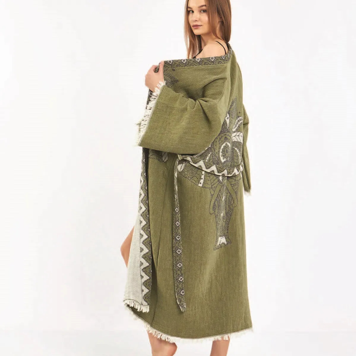 Hand-Woven Hand-Made Natural Cotton Turkish Towel Kimono Kaftan with an Elephant Design