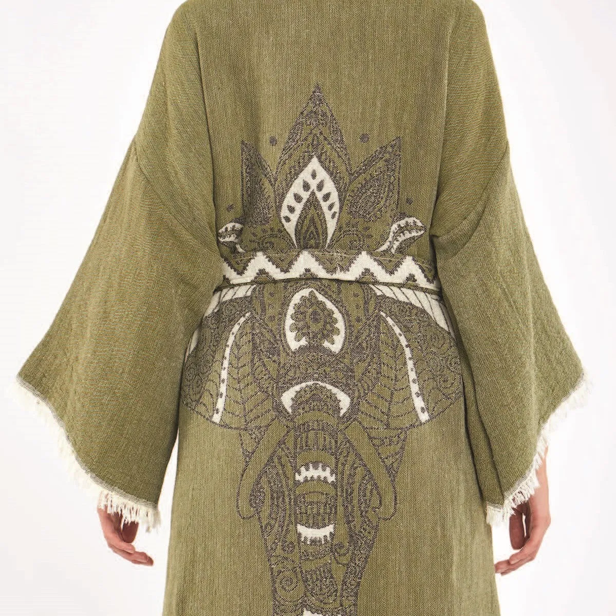 Hand-Woven Hand-Made Natural Cotton Turkish Towel Kimono Kaftan with an Elephant Design