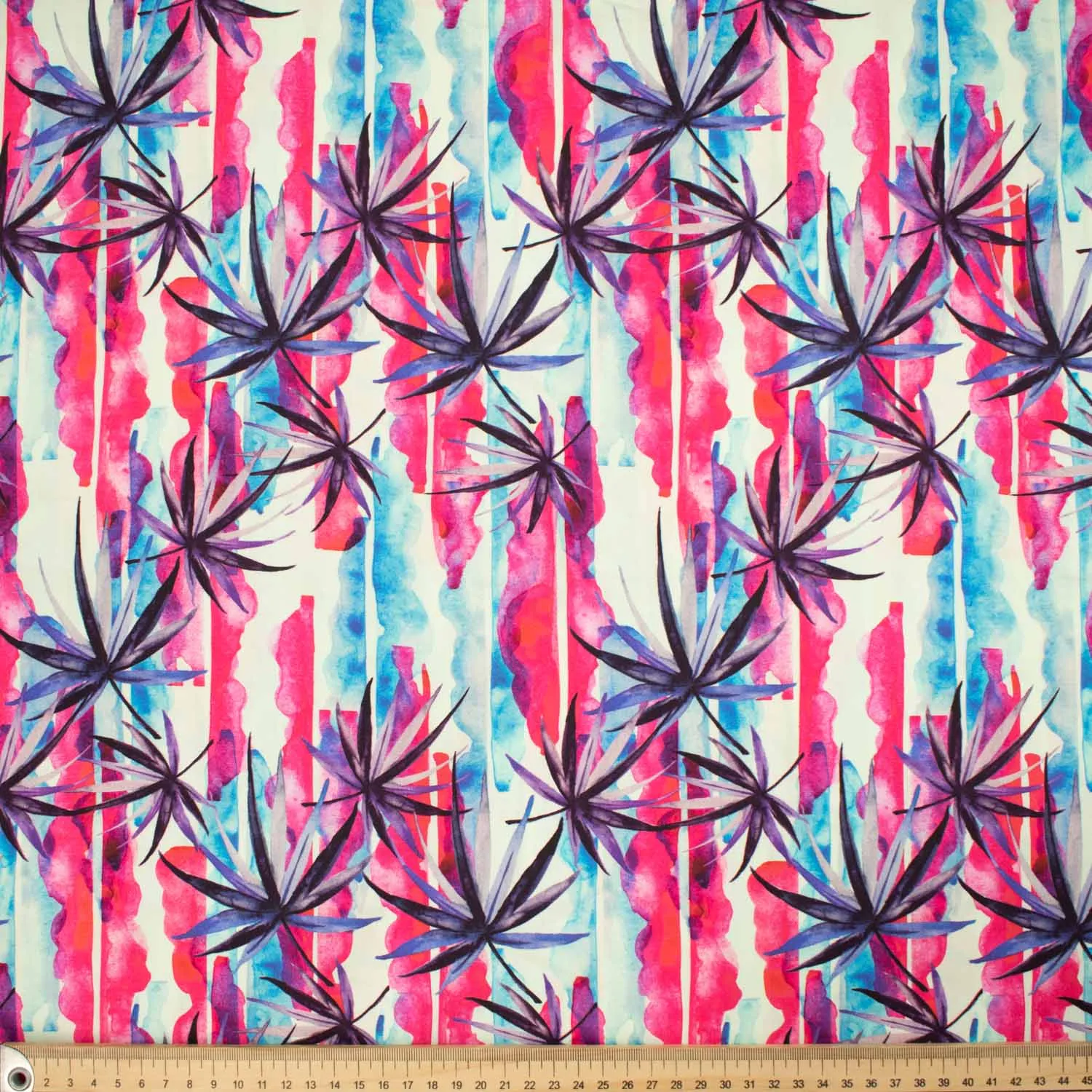 Hawaii Style Collection #04 Purple Leaves & Pink Watercolour Shading Stripes Cotton Prints