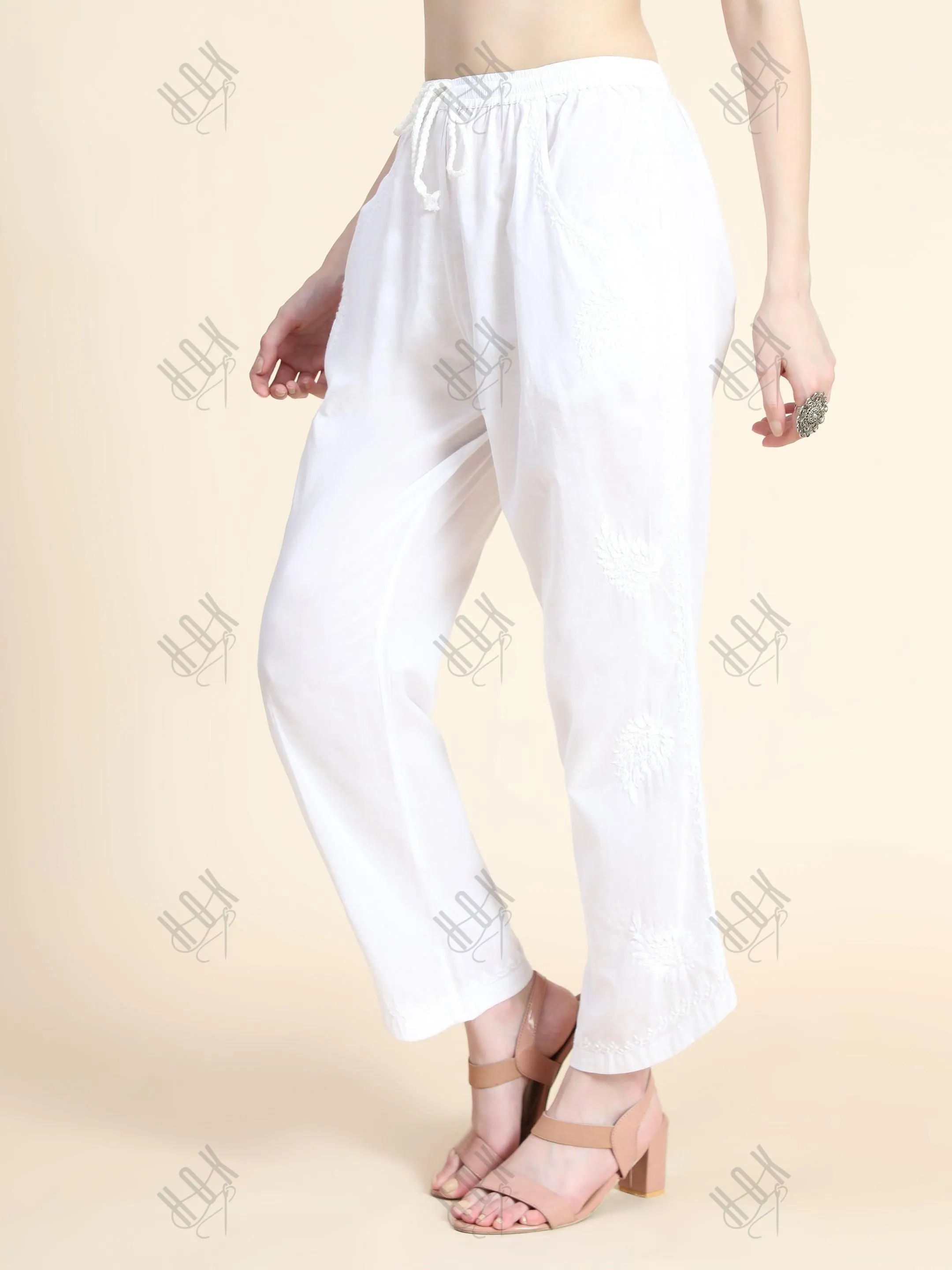 House Of Kari Chikankari Embroidered Cotton White Relaxed Pants Trousers-2